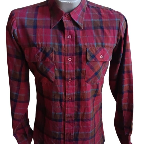 Vintage Mens Flannel Shirt SMALL 80s BURGUNDY PLAID CAMP LOGGER COUNTRY SHIRT - Picture 1 of 7